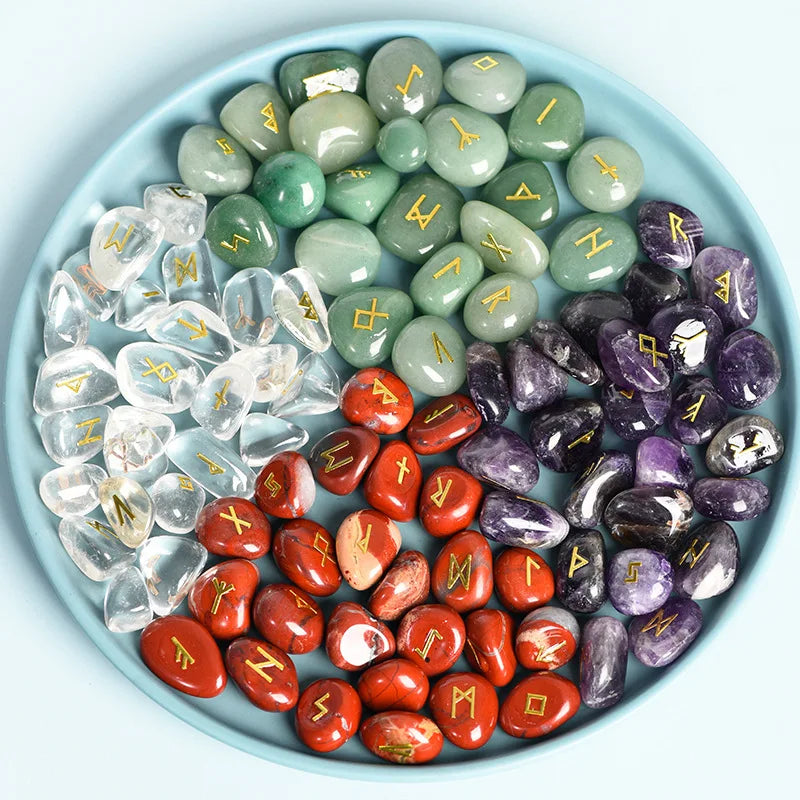 Natural Gemstone Germanic Runes Runes Letters Natural Crystal Oval Tablet Rune Stone for Wicca Crystals Healing Chakra Reiki