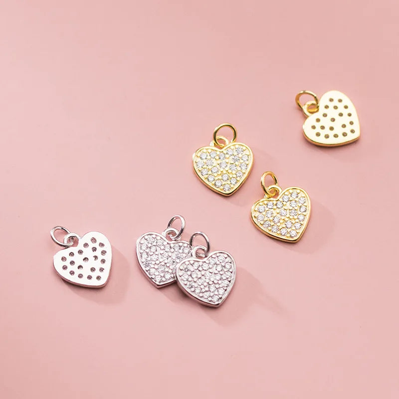 9.8mm Crystal Pave Diamond Heart Charm S925 Sterling Silver Full CZ Heart Charm for Jewelry Making