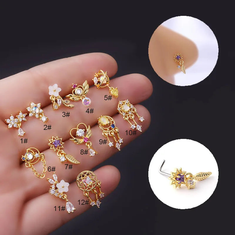 Wholesale 20G Stainless Steel Heart Nose Nail Colorful Micro Inlaid Cubic Zirconia CZ Flower Nose Ring Bohemian Piercing Jewelry