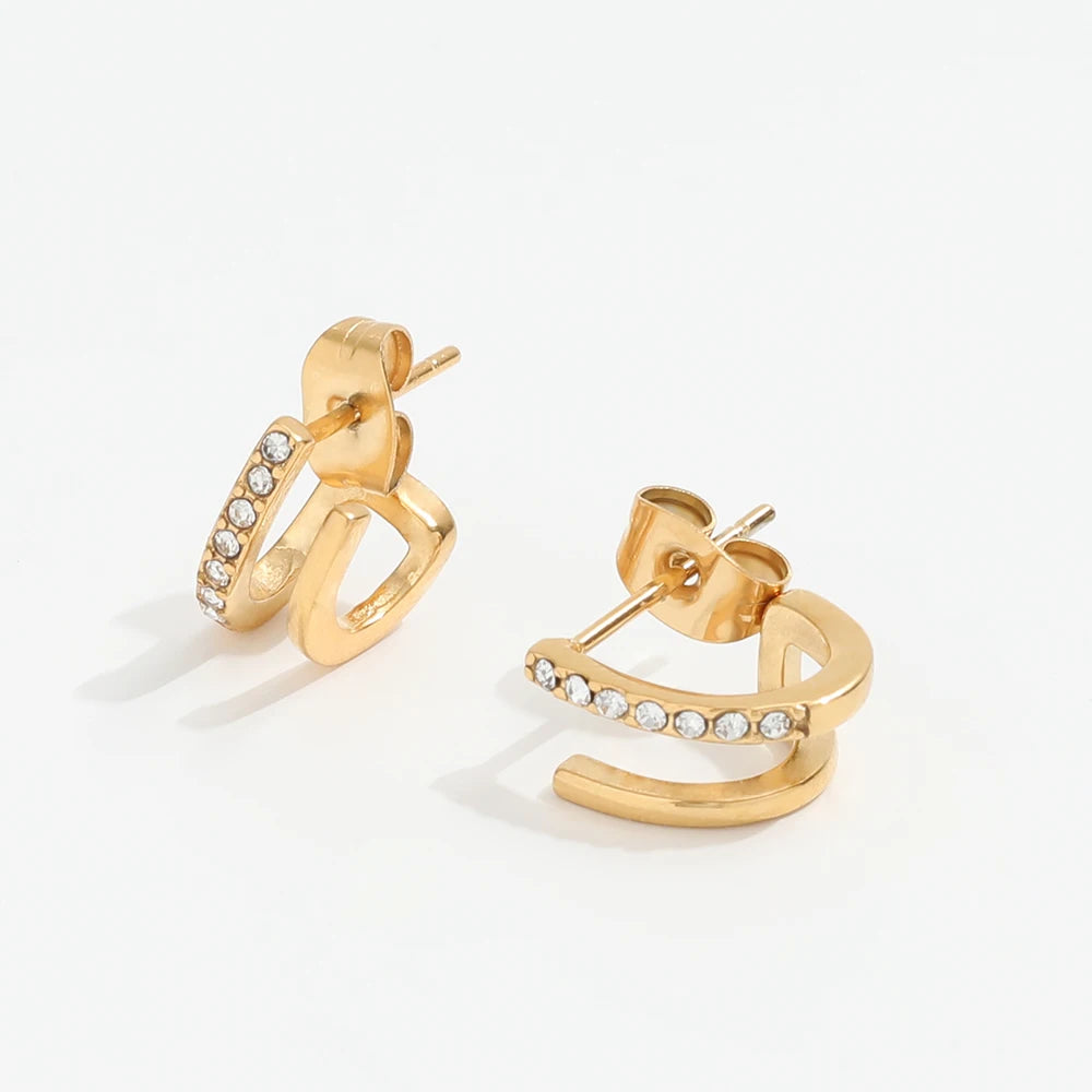 Non Tarnish & Waterproof  Minimalist 18k Gold Plated 2 Rows Dainty Stud Earring 18k Gold Plated Stainless Steel Jewelry