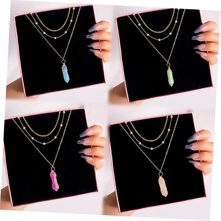 Fashion Crystal Mineral Malachite Stone Hexagonal Pillar Pendant Necklace for Women Jewelry