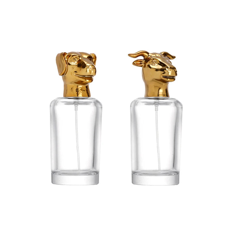Hot Sale Cylinder Glass Perfume Bottle Animal Shape Cap 50ml/100ml Golden Cap Luxury Modern Clear Glass Perfume Spray Bottle