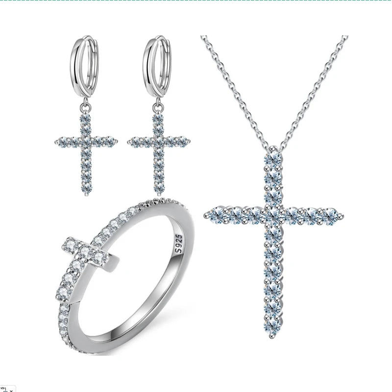 925 Sterling Silver Best Gift for Women Diamond Moissanite Jesus Cross Pendant Necklace Ring Earring Engagement Fine Jewelry Set