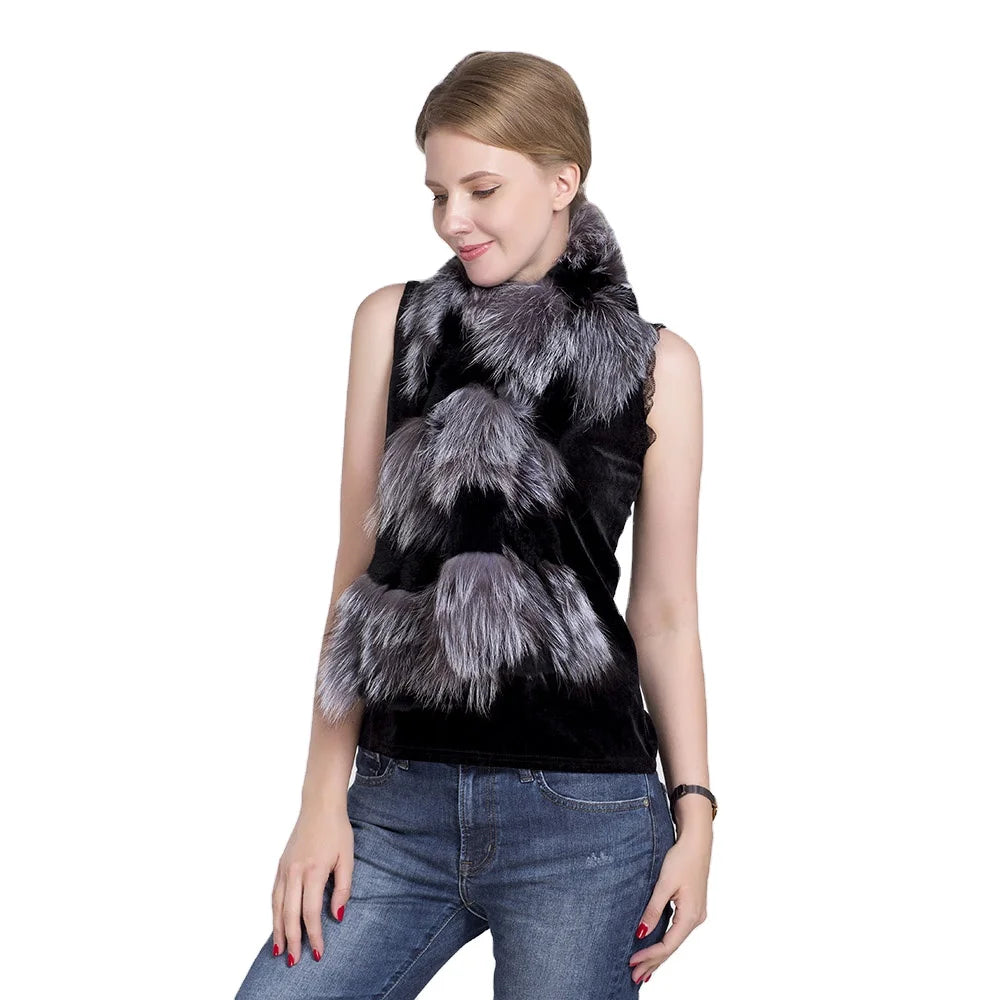 MWFur Fashion Natural Fluffy Fur Winer Scarf for Winter Street Natural Fox Fur Scarf Patchwork with Rex Rabbit Fur Stripped