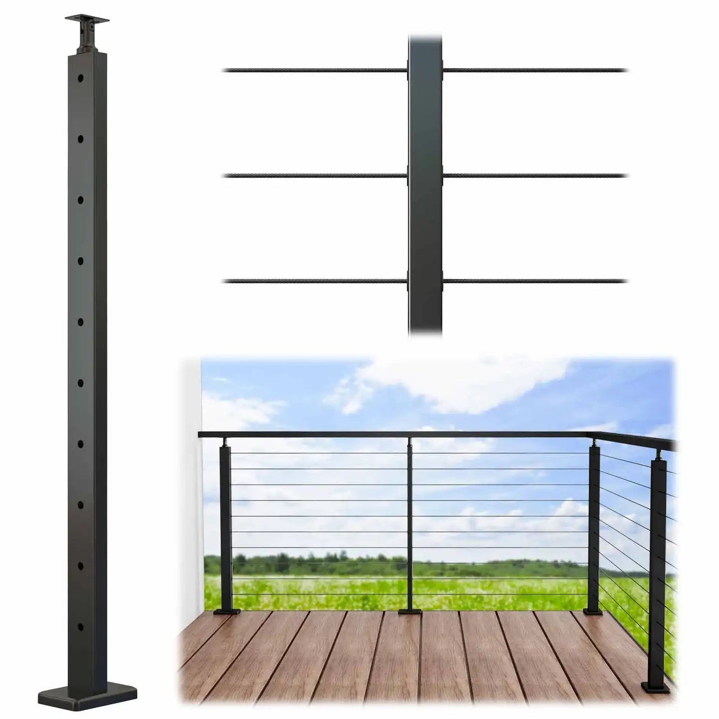 Condibe 1"x2" Black square Tube Stainless Steel Deck Mounting Wire Cable Railing