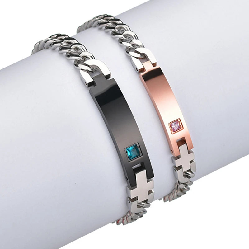 Personalized  Stainless Steel  DIY Custom Letter Name Plate Bracelet Crystal Blue Crystal Anklet Titanium Steel Couple Bracelet