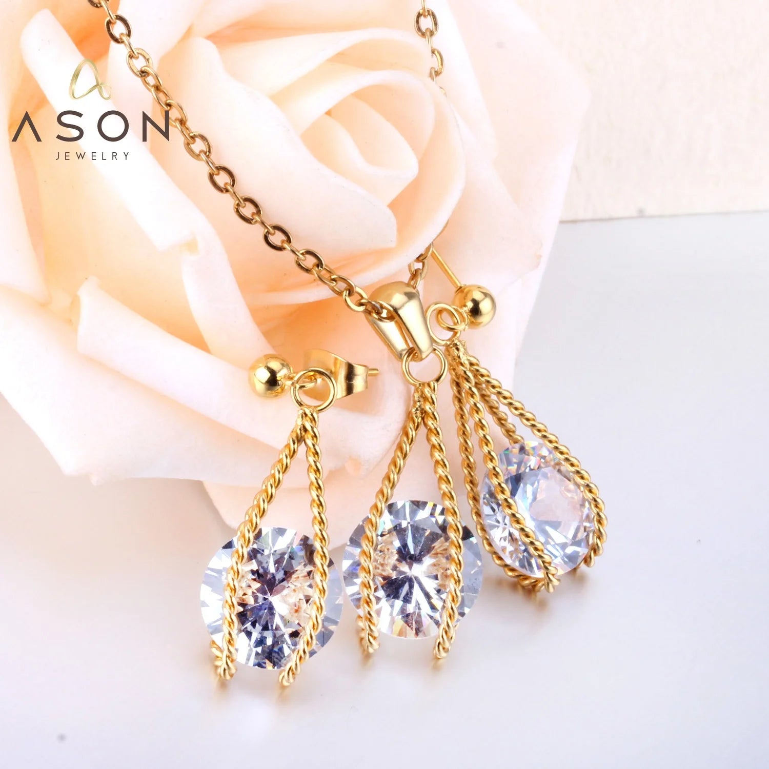 Ason Fashion Shiny Diamonds Stainless Steel 18k Gold Plated Ladies Jewelry Necklaces and Earrings Stone Jewelry Set for Women
