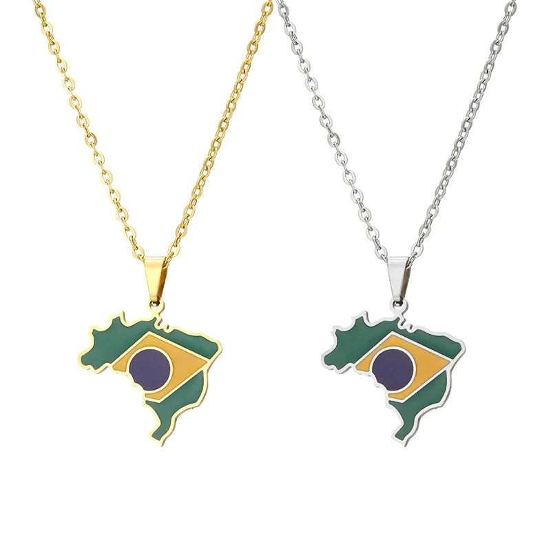 Hot Selling Stainless Steel Drop Oil Country Flag Brazil Map Necklace