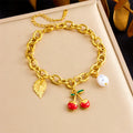 Korean New DIY Fruit Leaf Pearl Pendant Stainless Steel Thick Chain Hand Jewelry Bracelet