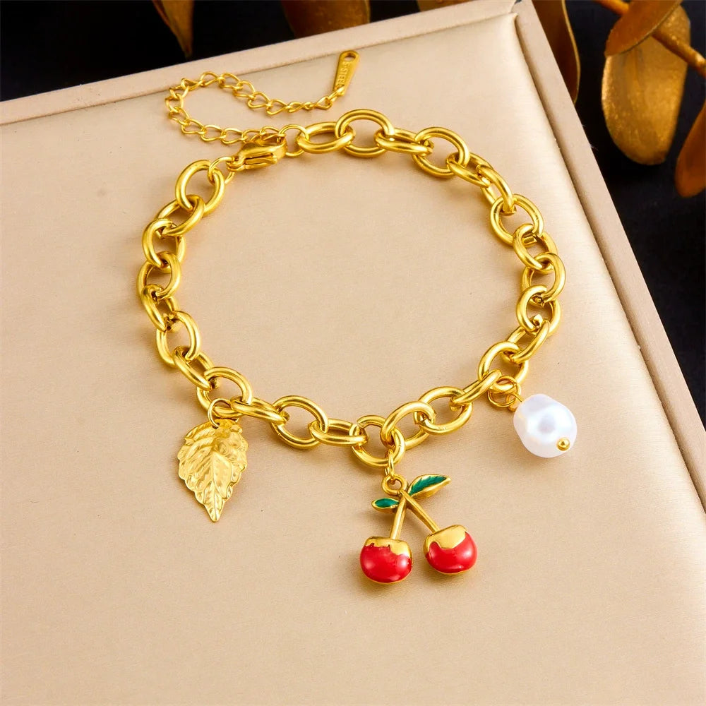 Korean New DIY Fruit Leaf Pearl Pendant Stainless Steel Thick Chain Hand Jewelry Bracelet