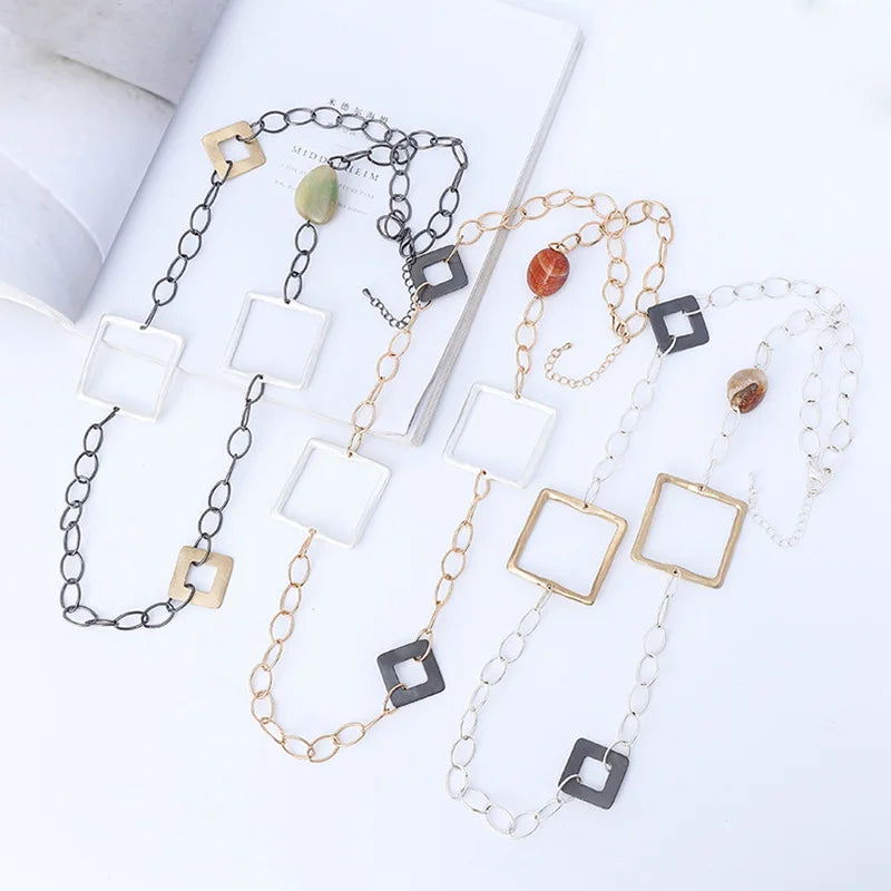 Vintage Square Alloy Long Chains Necklace for Women with Natural Stone Korean Fashion Pendants Trending Products