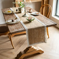 Jute Rustic Table Runner With White Small Hair Ball Lace Trim Farmhouse Wedding Party Table Decoration Jute Table Runner