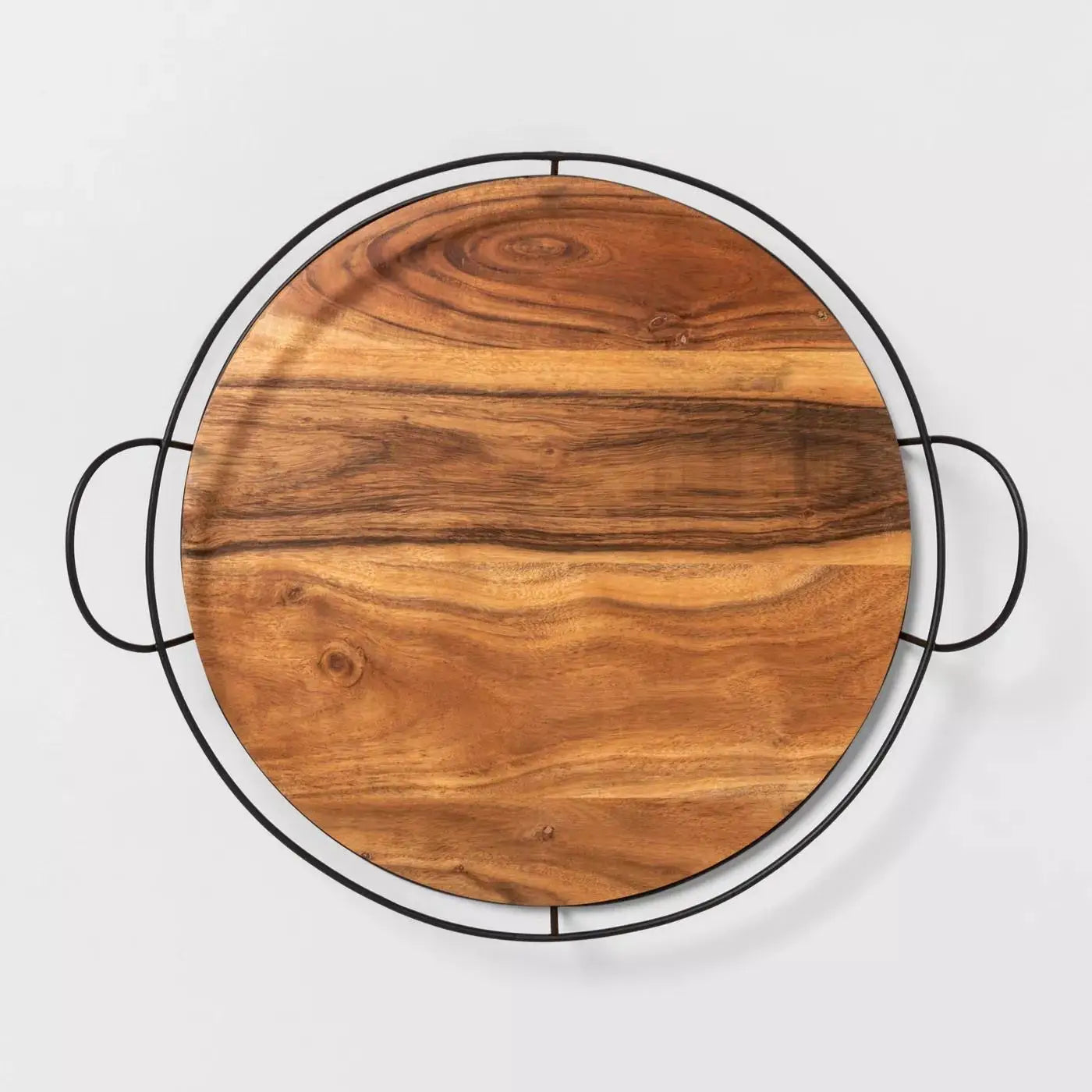 Rustic Round Wooden Serving Tray with Power-Coated Black Metal Carved Tableware for Living Room Home Decoration