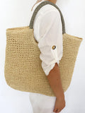 Women's Summer Beach Messenger Tote Bag Handmade Woven Straw Bag Large Capacity Lining Zipper Closure Basket Shopping Bag
