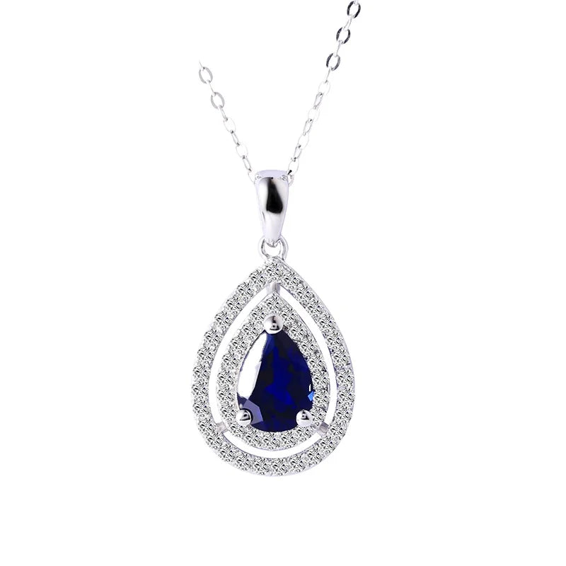 925 Sterling Silver Blue Sapphire Gemstone Jewelry  Natural Water Drop Blue Sapphire Elegant Pendant for Women