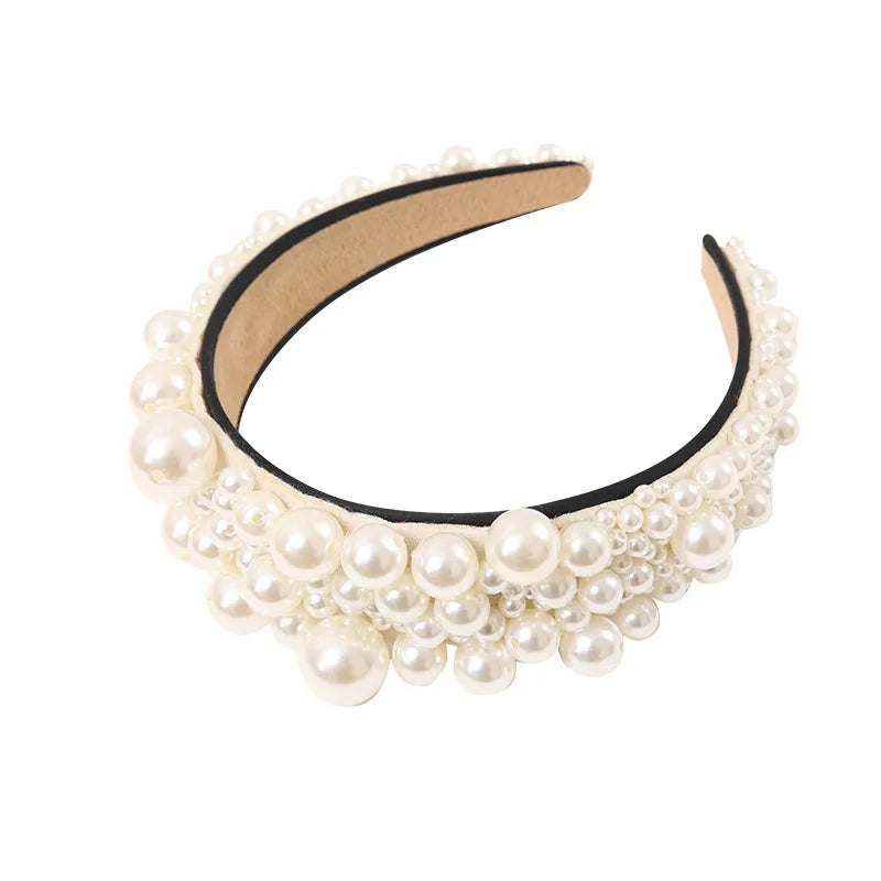 2022 New Handmade Wide White Women Luxury Beaded Pearl Bride Headband Wedding Accessories