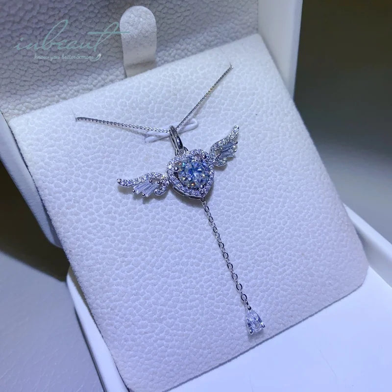 Silver 925 Original 1 Carat Brilliant Cut Diamond Test Past D Color Moissanite Heart Angel Wing Pendant Necklace Fine Jewelry