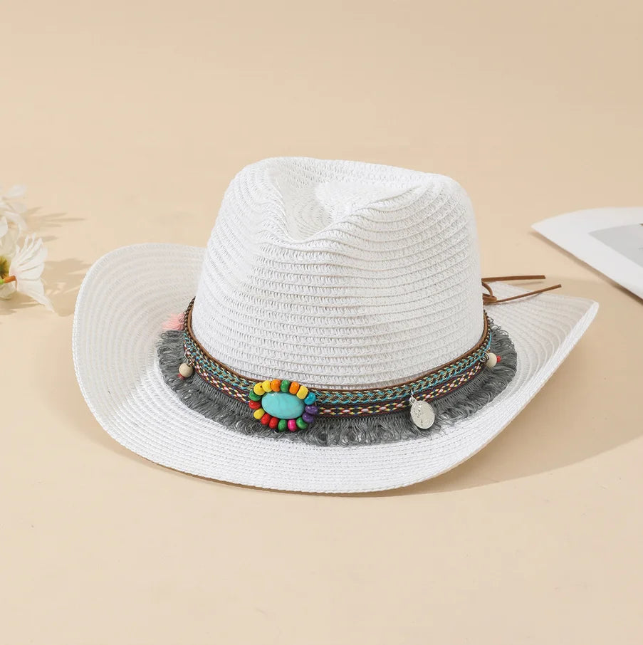 2026 Wholesale Men's Jazz Hats Summer Western Straw Hats Hollow Out Western Cowboy Hats with Turquoise Beaded Belt