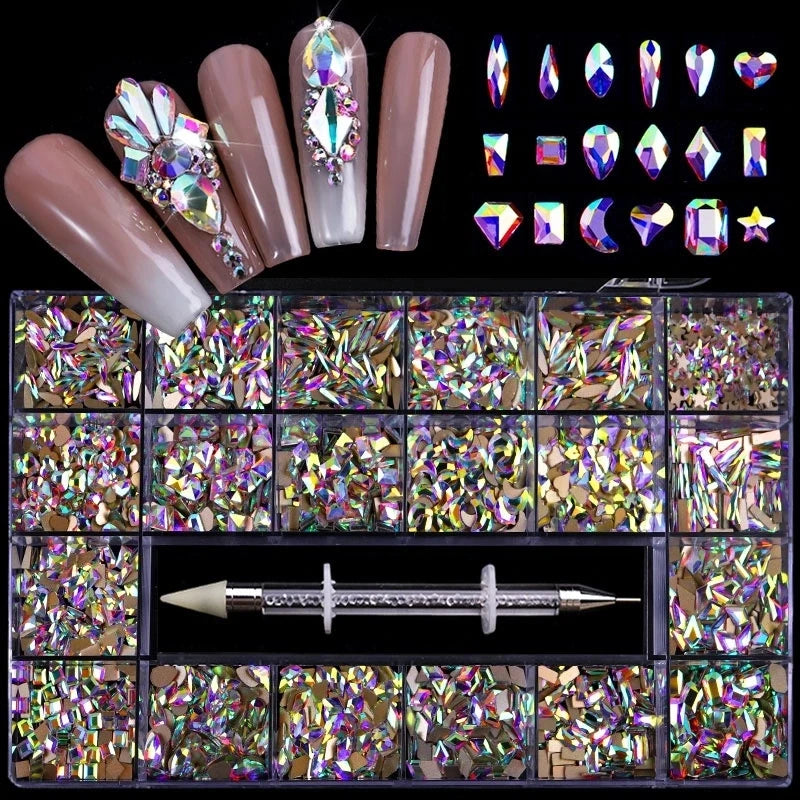 20*100pcs=2000pcs Crystal AB Rainbow Nail Art Rhinestones Mix Shape Fancy Style in Box Flat Bottom Glass Nail Rhinestone Art