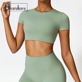 HEARUISAVY Women's Crop Top Gym Wear 2024 High Strength Tight Short Sleeve Fitness Yoga T-shirt Nylon Spandex Quick Dry