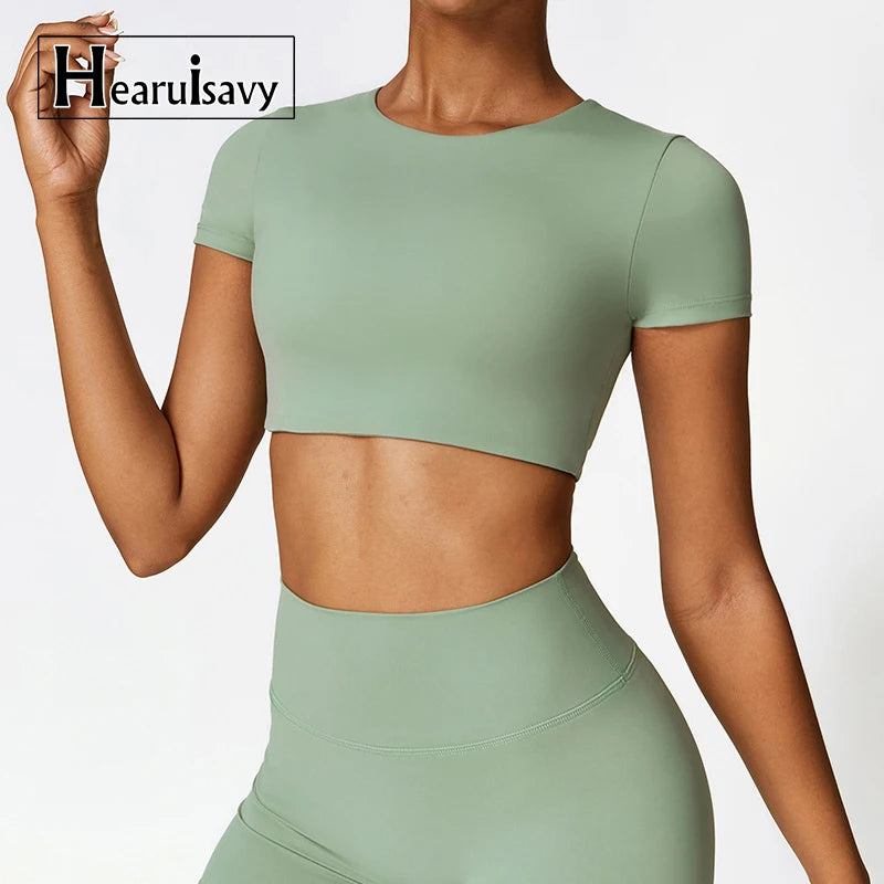 HEARUISAVY Women's Crop Top Gym Wear 2024 High Strength Tight Short Sleeve Fitness Yoga T-shirt Nylon Spandex Quick Dry