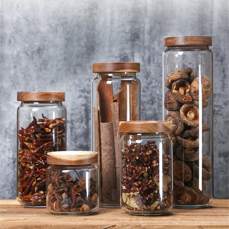 Borosilicate Glass Kitchen Container/Canisters with Acacia Wood Air-tight Lid Glass Food Storage Jars for Kitchen