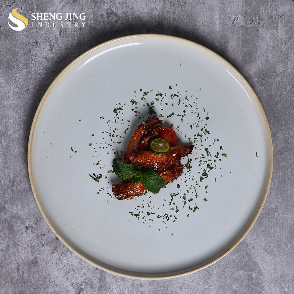 European Flat Hand Painted Japanese Style Modern Grey Ceramic Round Steak Dinner Serving Tray Plate for Restaurant Hotel Dishes