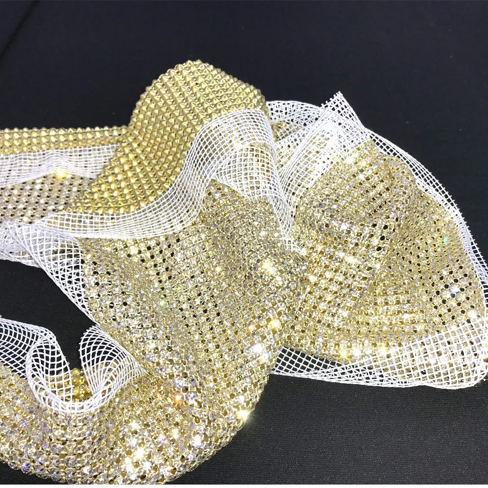 S483 24 Rows Gold Color Sparkly Crystal Mesh Trim Bling  Rhinestone Metal  Mesh Trimming for Bags Shoes Cloth