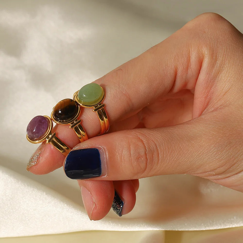 Vintage Unisex 18K Gold Plated Oval Tiger Eye Green Purple Gemstone Open Ring