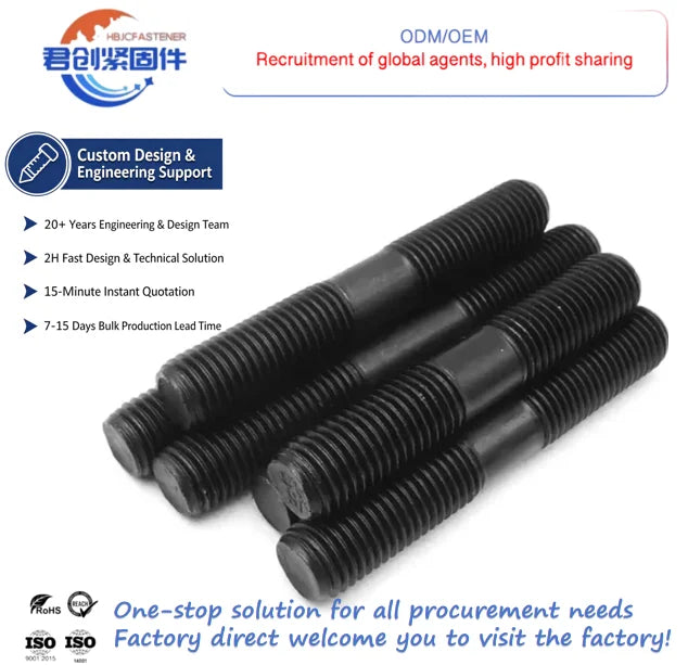 Fastener Double End Studs Threaded Rod Stud Bolt High Strength 8 8 Grade ASTM A193 B7 Stainless Steel Carbon Steel Black Plain