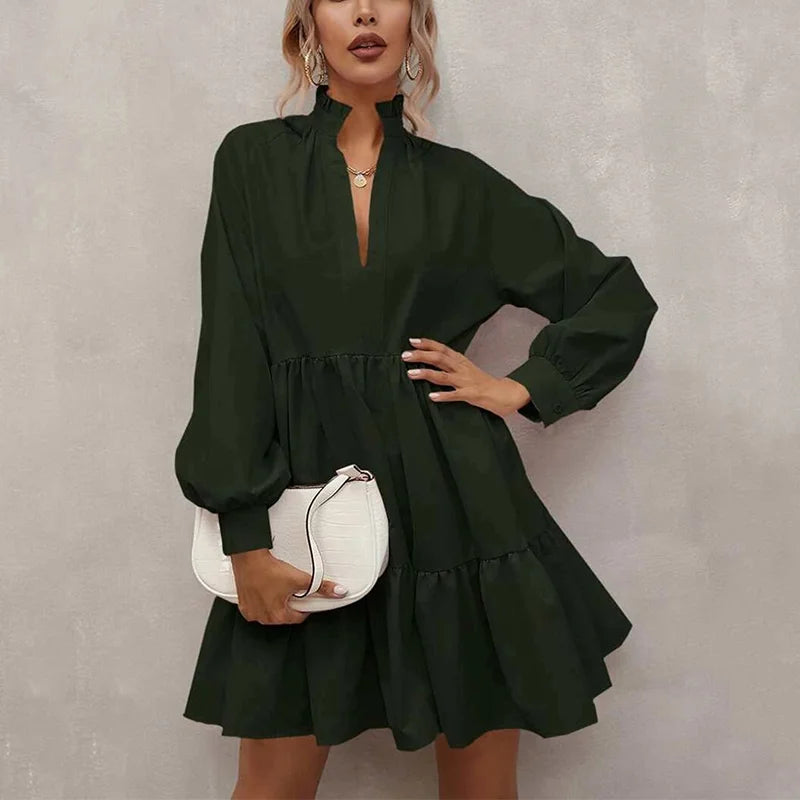 Custom Women's Elegant Skirts V Neck Loose A-Line Dress Stringy Selvedge Long Sleeve Mini Skirt