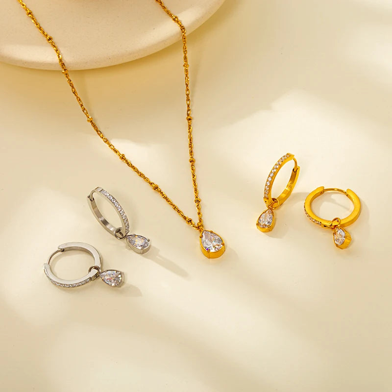 Luxury Stainless Steel Jewelry Set with Zirconia Accents Elegant Hoop Earrings and Pendant Necklace in Gold and Silver for Women