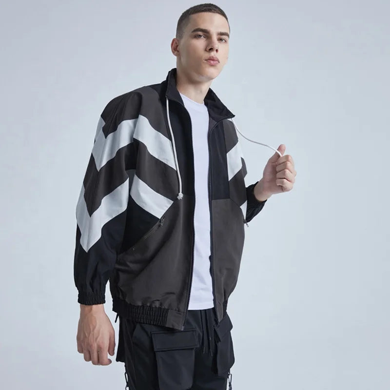 Rainbow Spray Original Design Vintage Color Block Windbreaker Coach Mens Jackets With Drawstrings Loose Windproof Men's Jacket