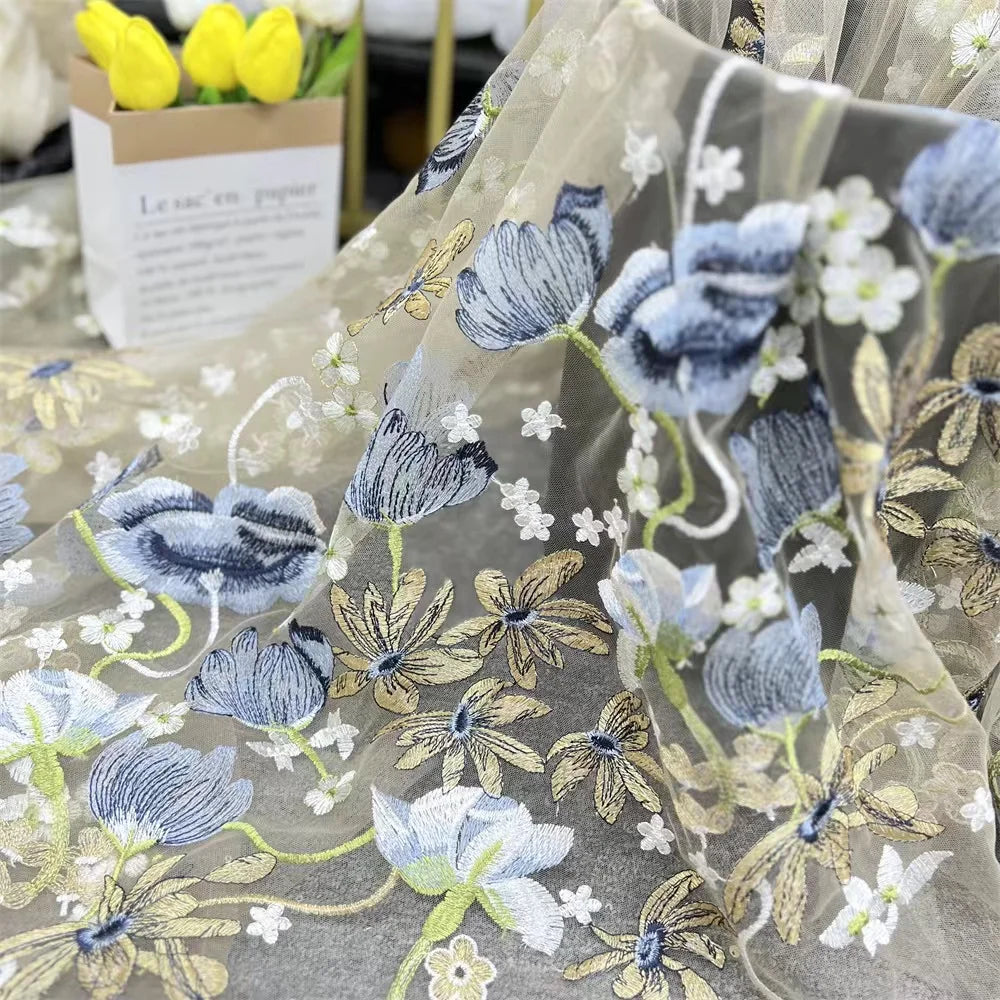 China Wholesale Price 3d Flower Embroidered Lace Fabric Embroidery Colorful Fabric for Wedding Evening Dress