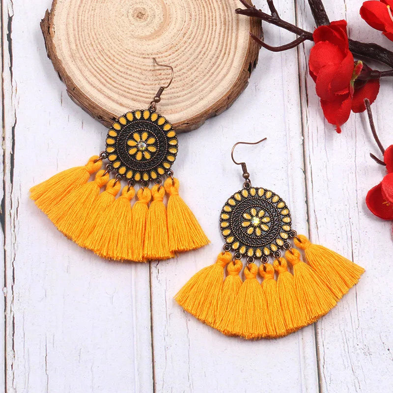 Ethnic Boho Style Exaggerated Red White Yellow Pink Cotton Thread Large Fan Shaped Bohemia Tassel Earring for Women