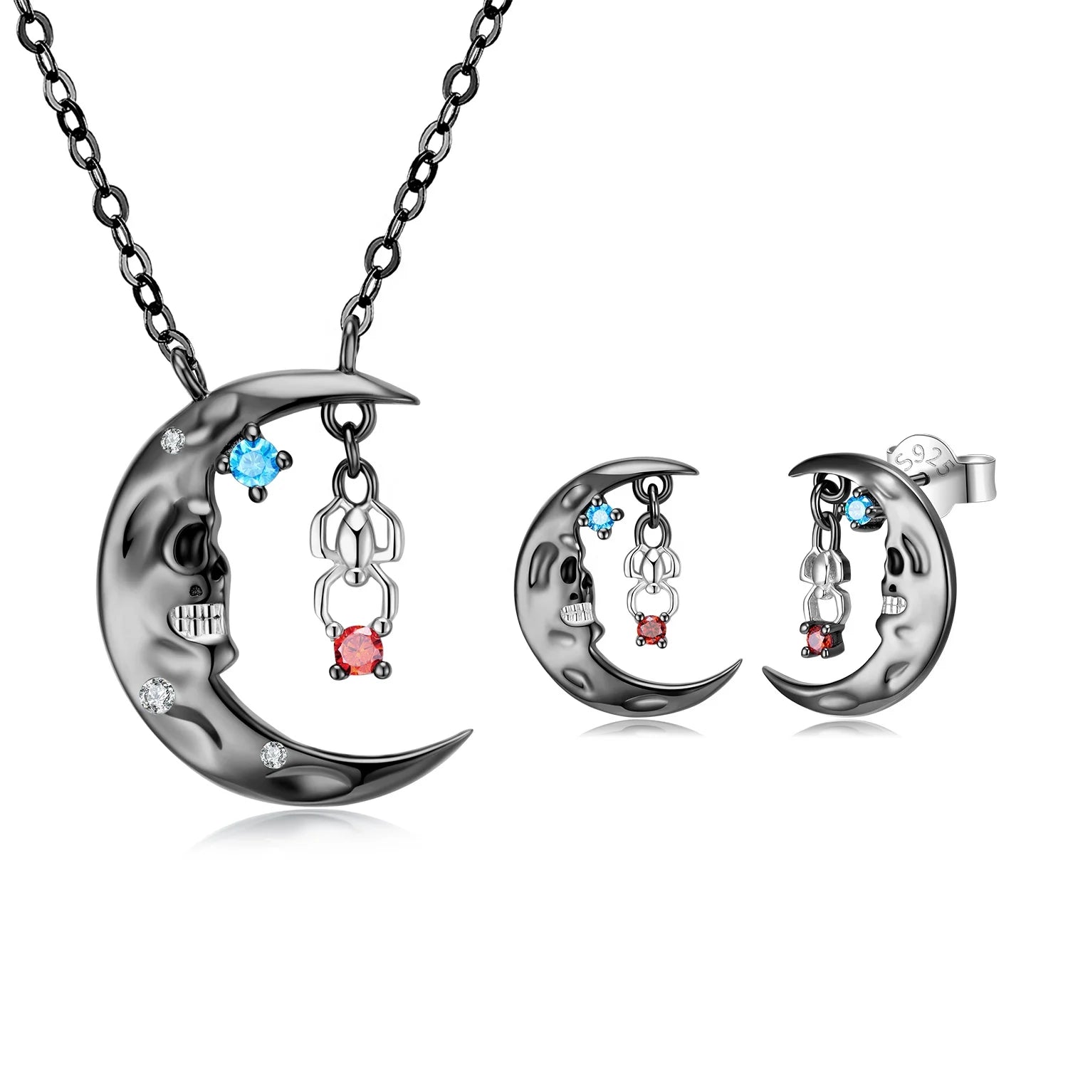 Moon Skull and Spider Pendant Necklace and Earing Sets Jewellery with CZ Authentic 925 Sterling Silver for Women Jewelry Making