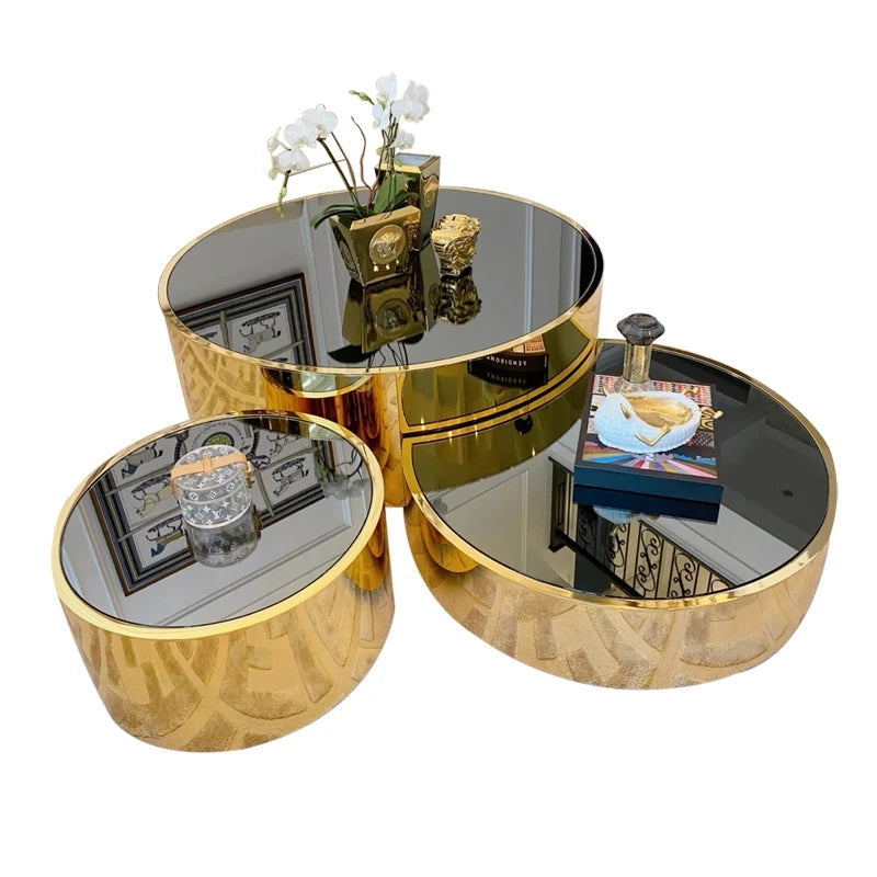 Three Size Living Room Furniture Round Glass Coffee Table Set Matt Gold Stainless Steel Frame Hot Modern Luxury Center Tea Table