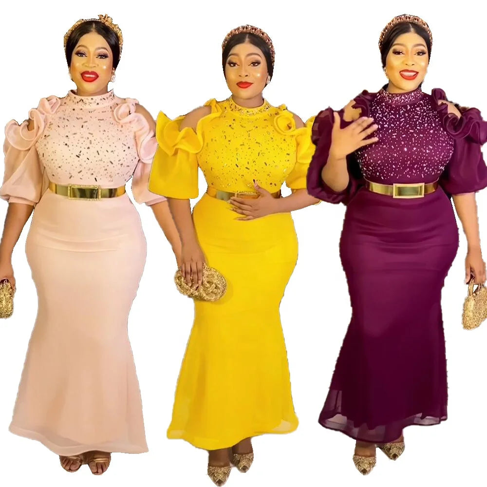 New Product African Women Dresses Mesh Gauze Dresses Women Party Rhinestone Women Evening Dresses