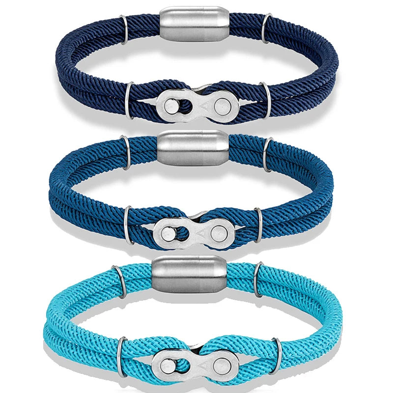 Punk Rock Double Layer Milan Nylon Nautical Rope Stainless Steel Magnetic Clasp Bike Chain Link Rope Bracelet Unisex Jewelry