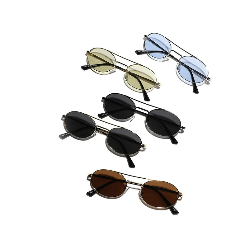 Mens Double Bridge Frame Sunglasses Metal Frame All Black Vintage Oval Steampunk Sunglasses Men Women Brand Sun Glasses