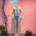 Fall Women Distressed Long Sleeve Denim Zipper Jackets Jeans Sets Women 2 Piece Elastic Jean Pants Set