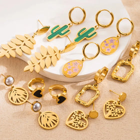 INS Fashion Gold Plated Titanium Steel Women's Trendy Heart Shaped Leaf Square Cactus Earrings for Wedding & Party