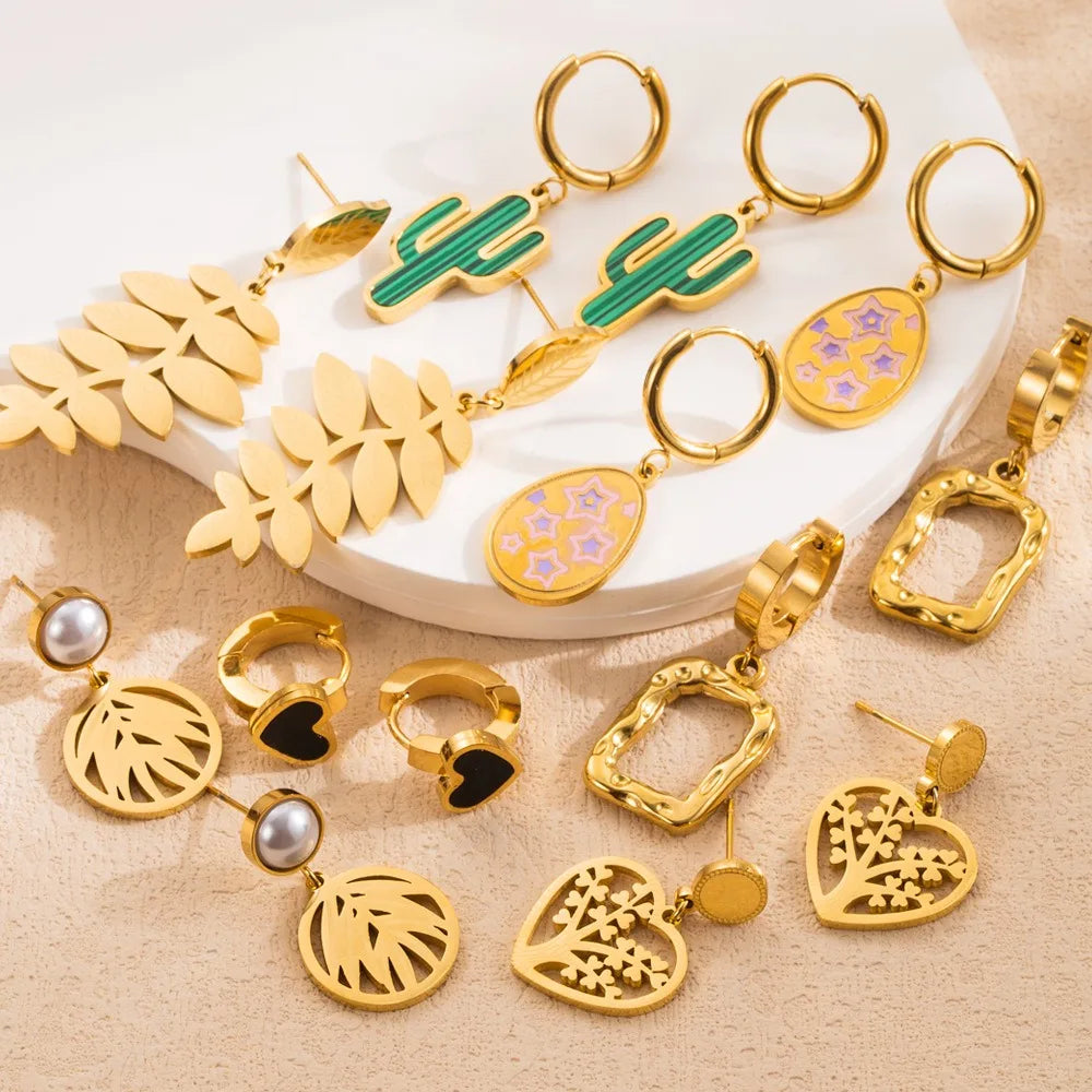 INS Fashion Gold Plated Titanium Steel Women's Trendy Heart Shaped Leaf Square Cactus Earrings for Wedding & Party