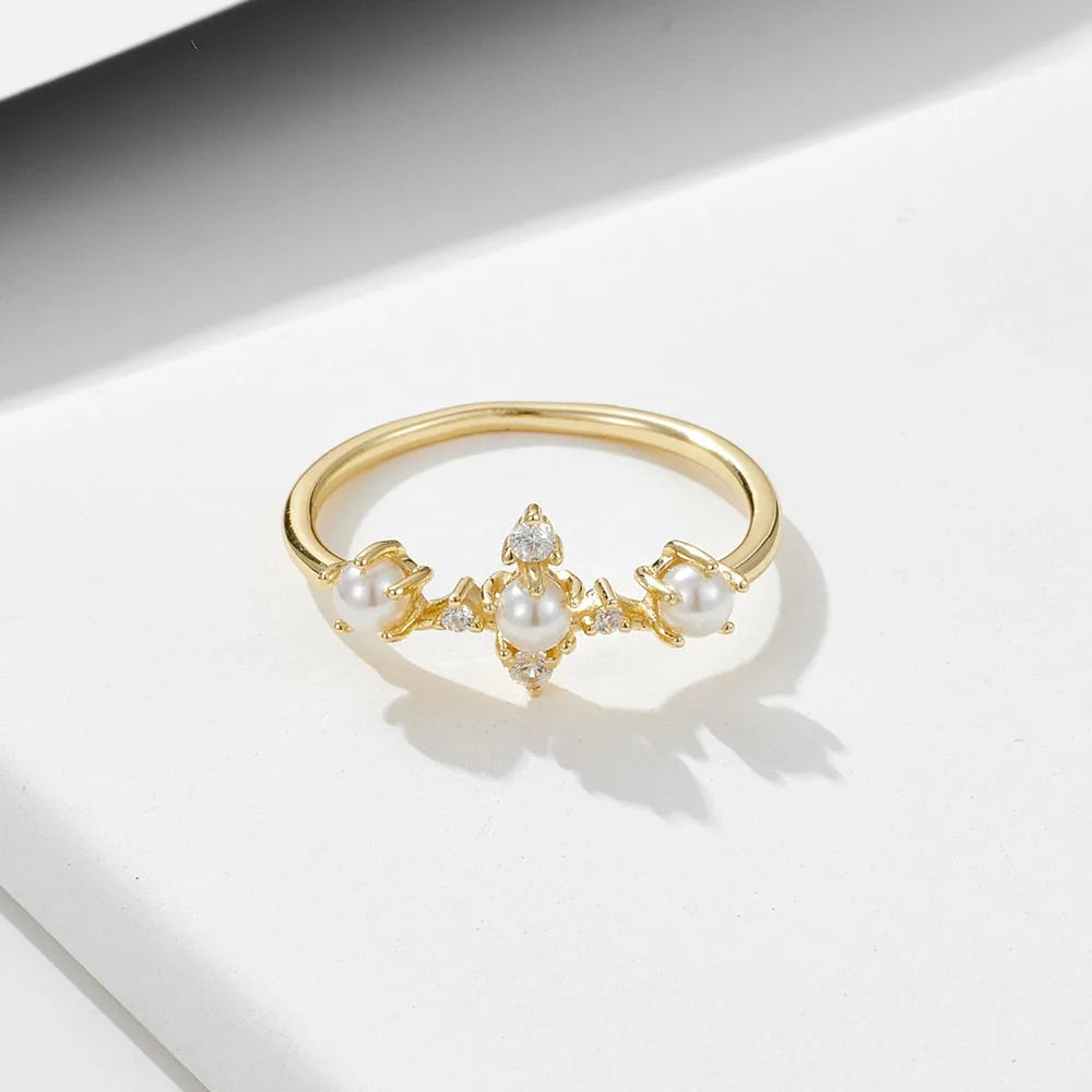 Unique Elegant 925 Silver Ladies Jewelry 14k Gold Plated Zircon Minimalist Dainty Pearl Crown Ring