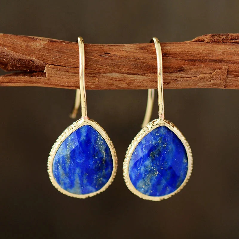 Gold Plated Princess Cut Waterdrop Lapis Lazuli Stone Stud Earrings for Anniversary Biju Jewelry