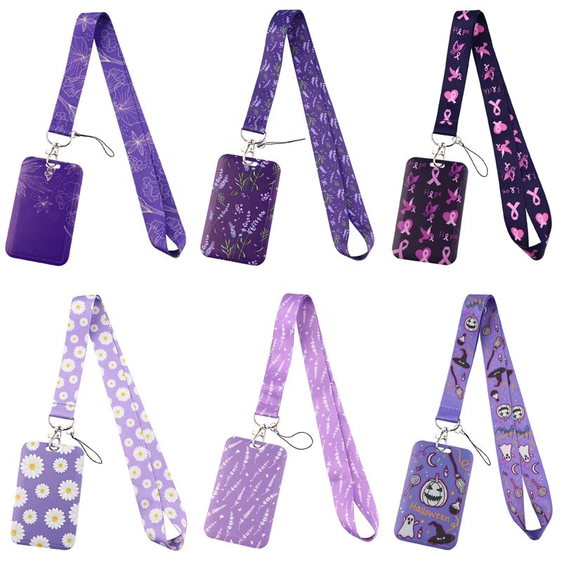 Fashion Purple Series Polyester Neck Strap Lanyard Name Card Badge Holder for Office School