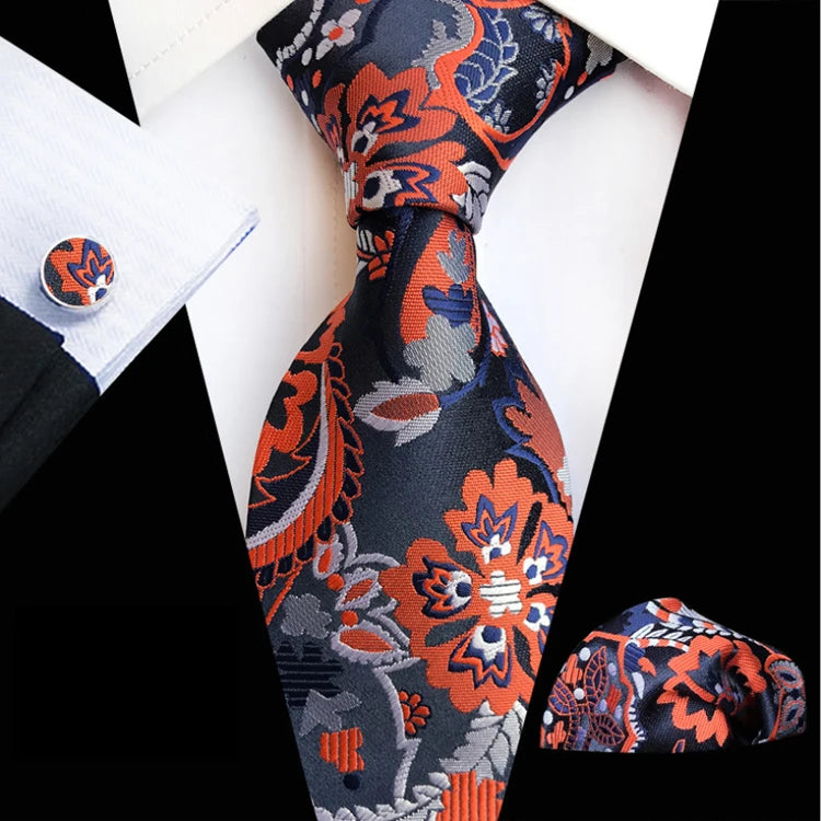 Floral Necktie Set Gift Box Custom Luxury Tie Pocket Square and Cufflink Set Jacquard Woven Mens Neck Tie Set Box
