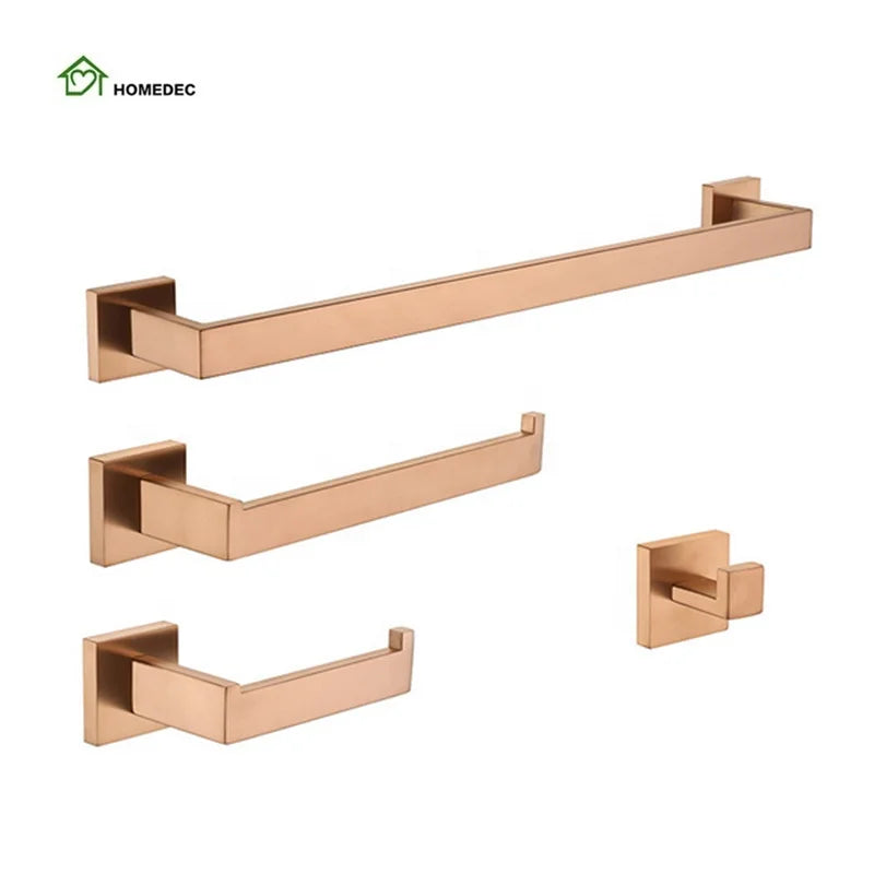 Eco-Friendly Rose Gold 304 Stainless Steel Bathroom Set Hotel-Grade Four-Piece Wall Mount Accessories Towel Bar for Home