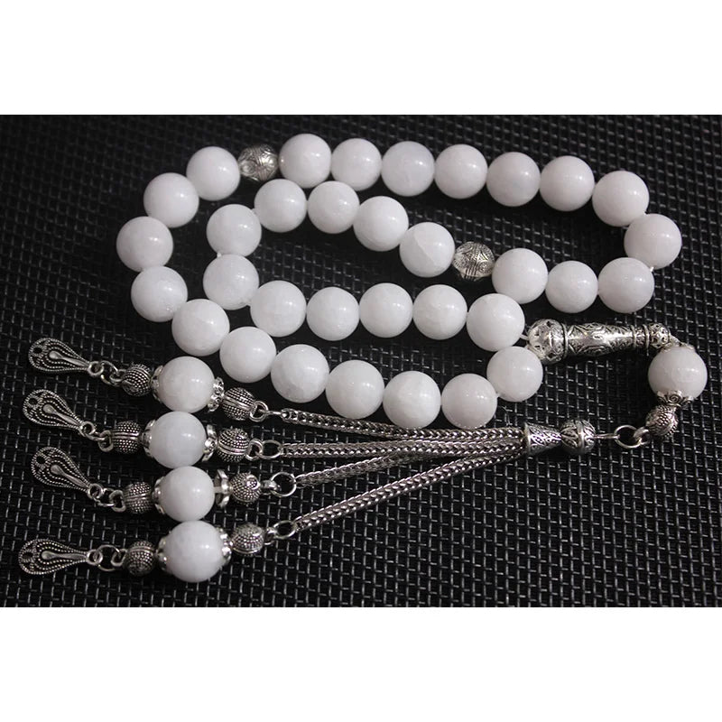 Natural White Stone 8mm 10mm Muslim Prayer Beads Luxury Eid Gift Sibha Gemstone Islamic Rosary Saudi Arabic Style
