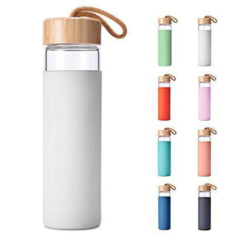 2025 Factory Wholesale Glass Water Bottle With Silicone Protection Sleeve Cover Crystal Bottles With Wooden Lid and Rope